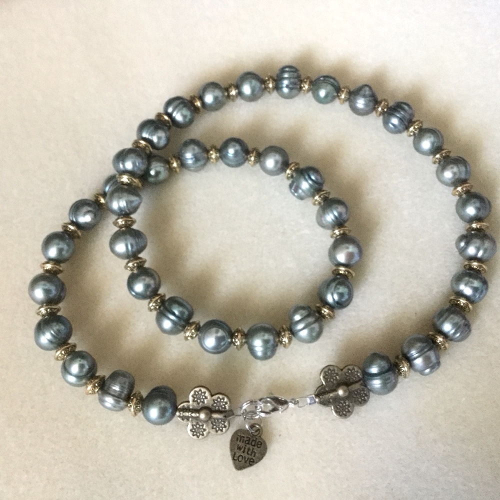 Green Water Pearl Necklace with             Bronze hardware